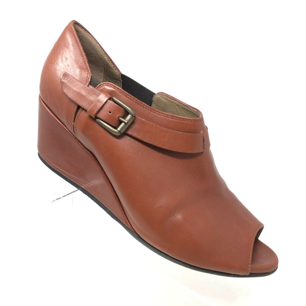 Anyi Lu Melanie Bootie Womens Size 10 / 40 Rust Brown Leather Peep Toe Wedge